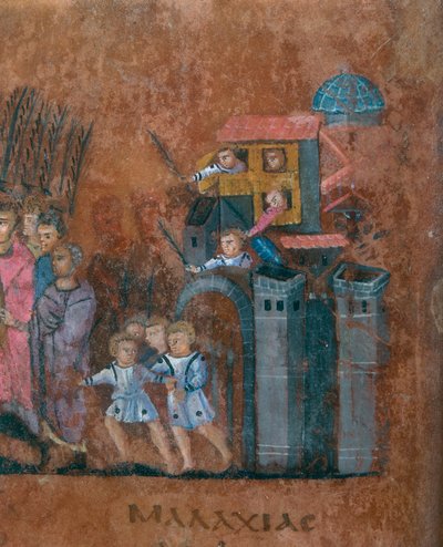 Detail of a Folio from the Codex Purpureus Rossanensis, Greek Evangelist Miniature in One Scriptorium Probably from Antioch in Syria or Cesarea Palestina. Kept in the Diocesan Museum of Rossano by Byzantine School